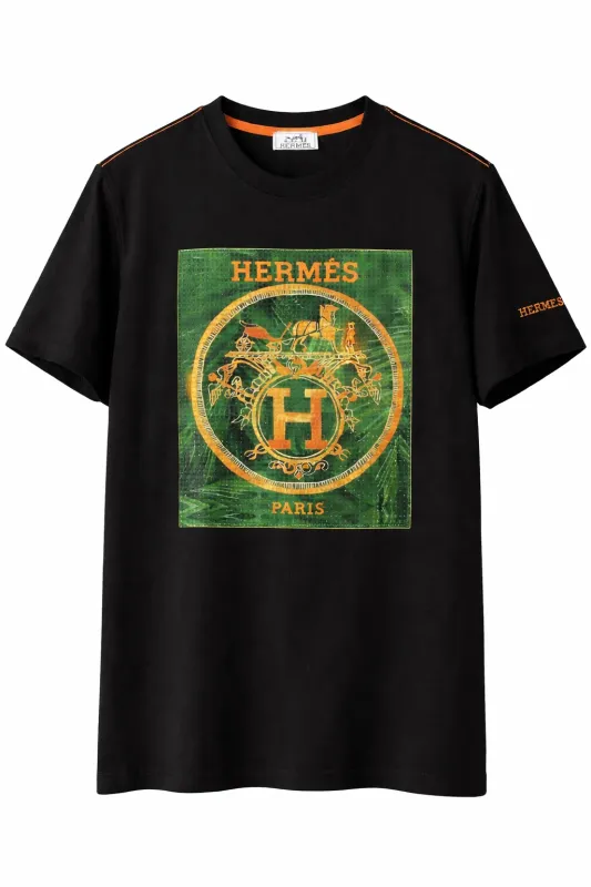 Hermes black paris crest logo t shirt men front catalog studio view
