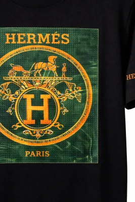 Hermes black paris crest logo t shirt men logo macro close up detail
