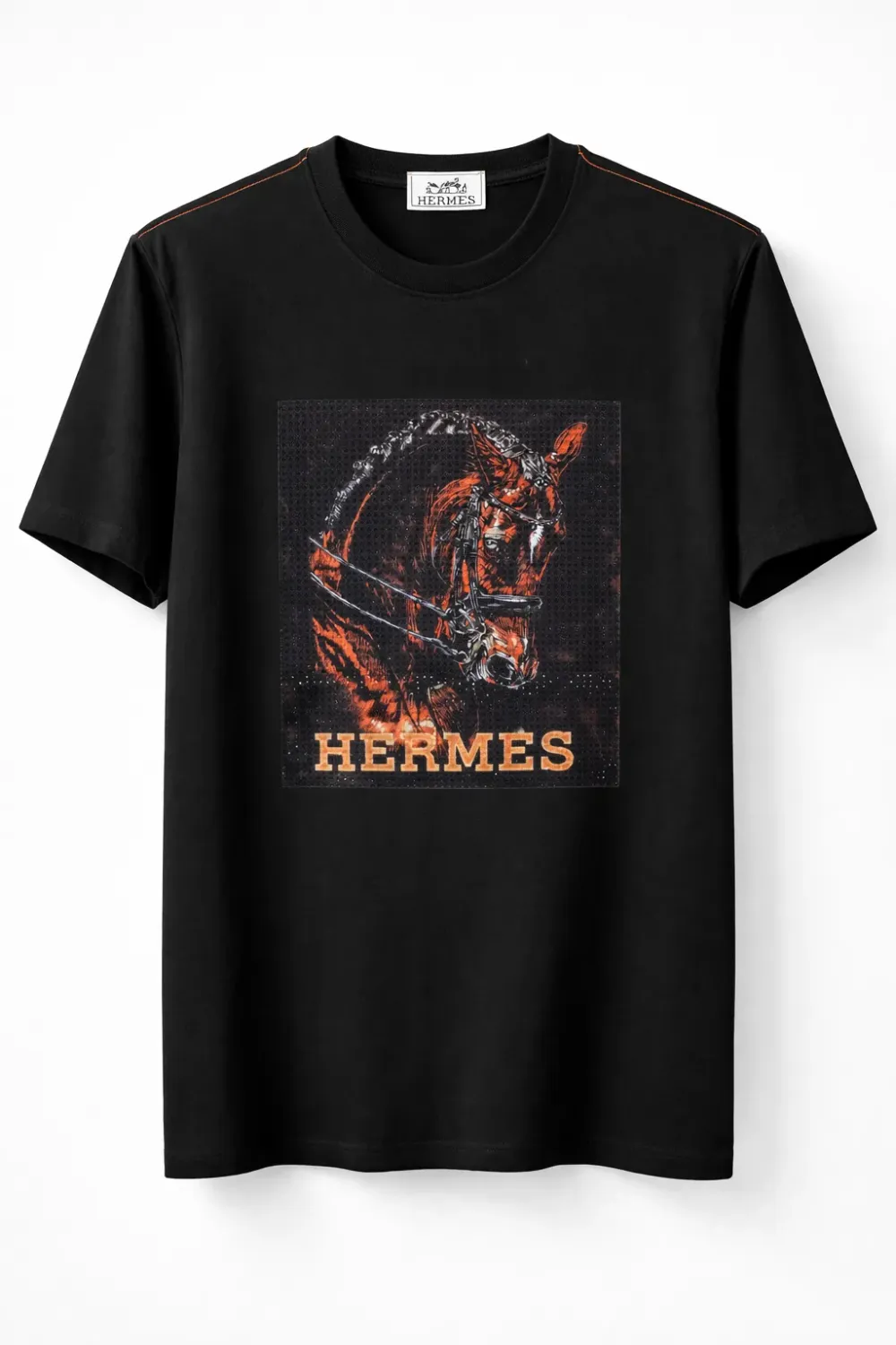 Hermes black horse graphic t shirt for men front catalog studio view