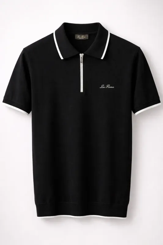 loro piana black zip polo shirt men's front view luxury knit short sleeve polo