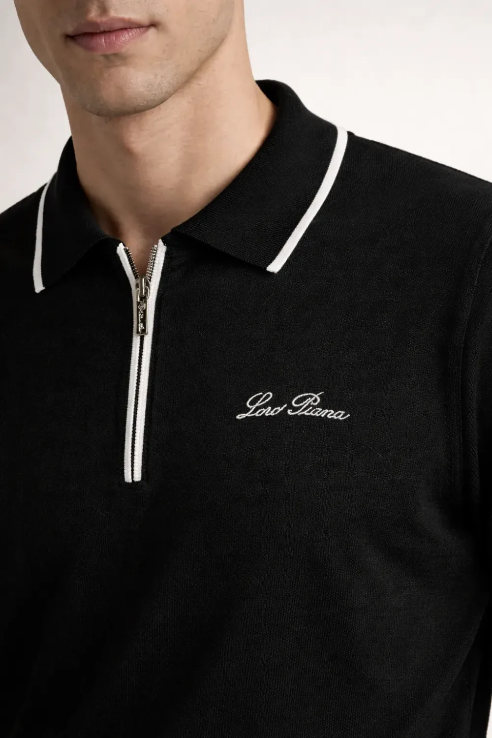 loro piana black zip polo shirt men's editorial chest crop luxury knit logo detail