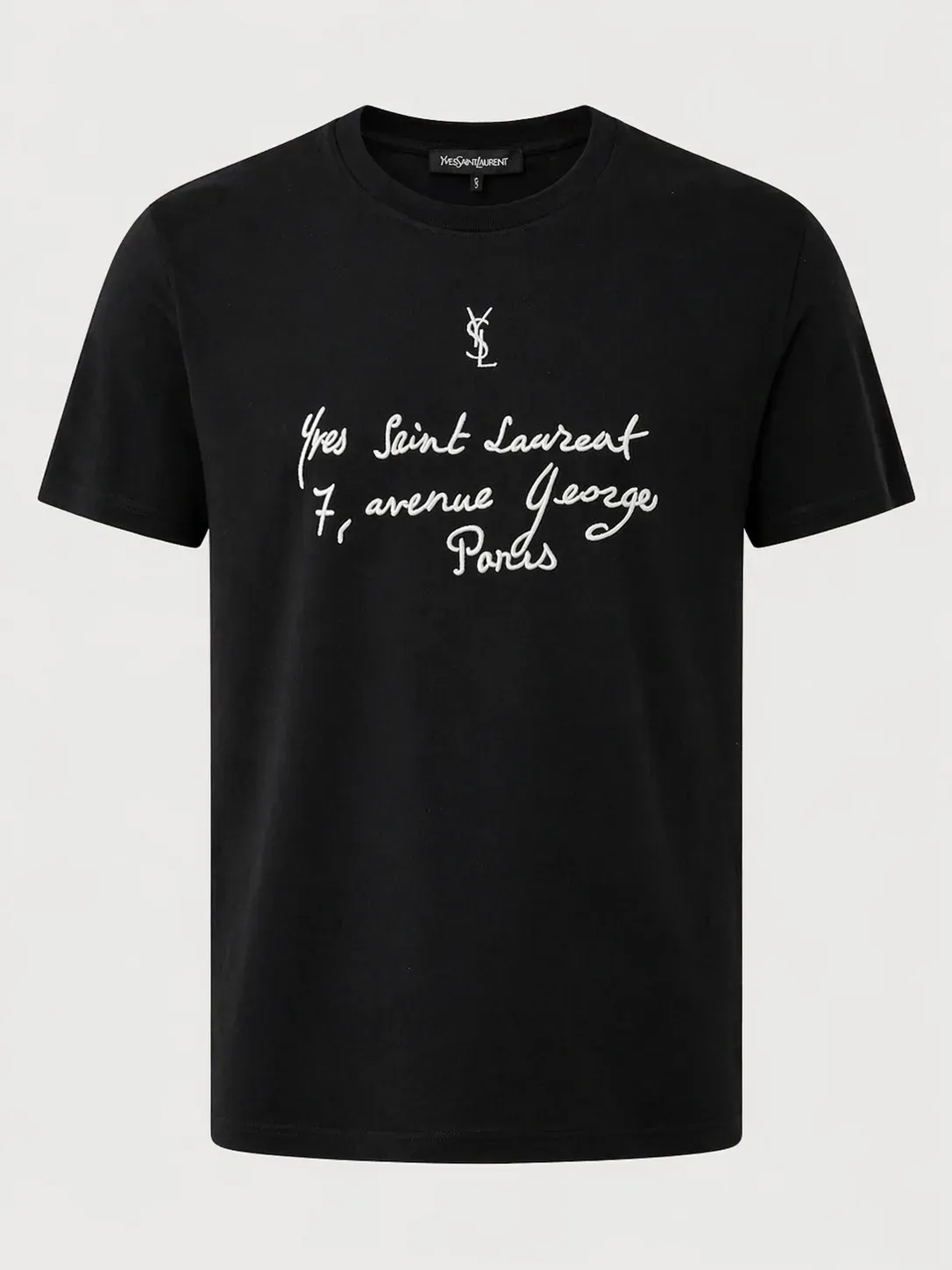 saint laurent black embroidered t shirt men's front view cotton crew neck short sleeve