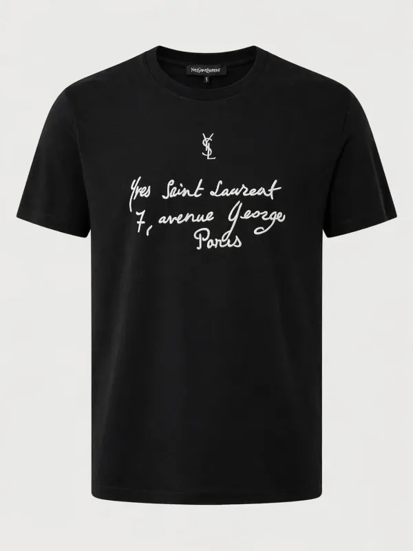 saint laurent black embroidered t shirt men's front view cotton crew neck short sleeve