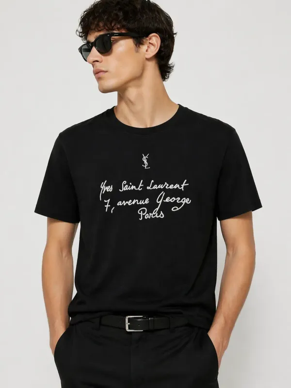 saint laurent black embroidered t shirt men's model front fit view cotton tee