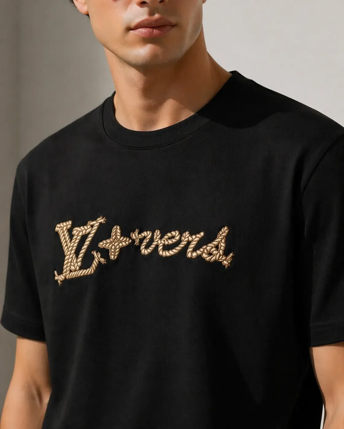 louis vuitton black embroidered logo t shirt men's editorial chest crop rope logo detail