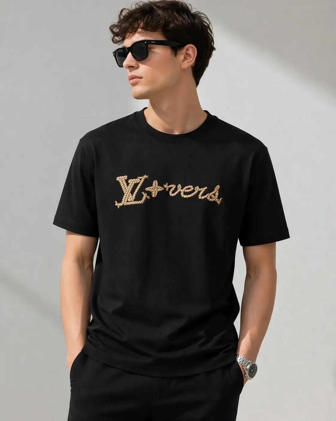 louis vuitton black embroidered logo t shirt men's model front fit view cotton tee