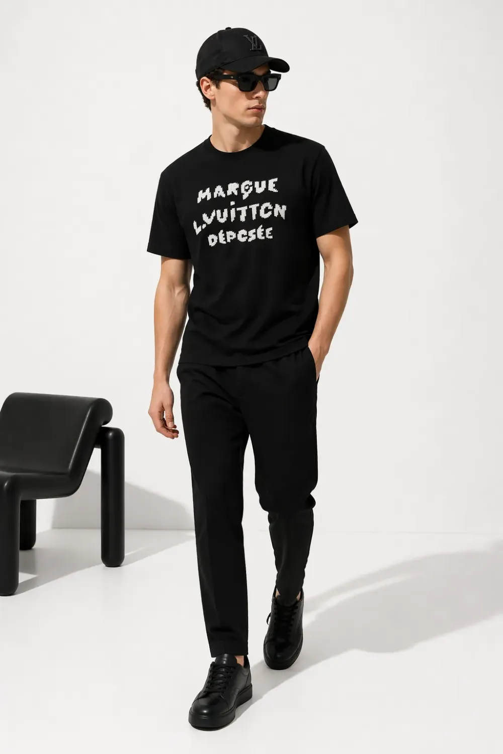 louis vuitton black tee shirt menswear walking pose model white studio cap outfit premium style