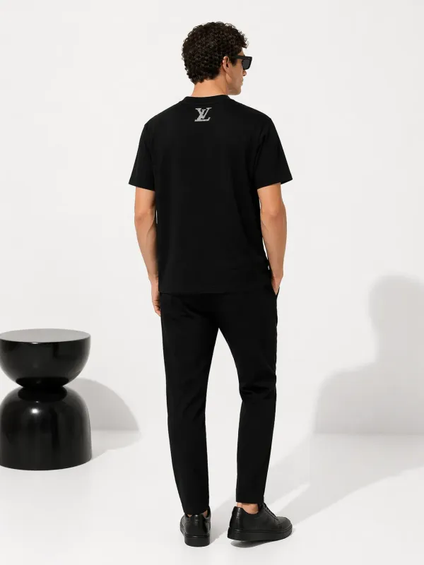 louis vuitton black tee shirt menswear back view embroidered lv logo detail premium cotton t-shirt