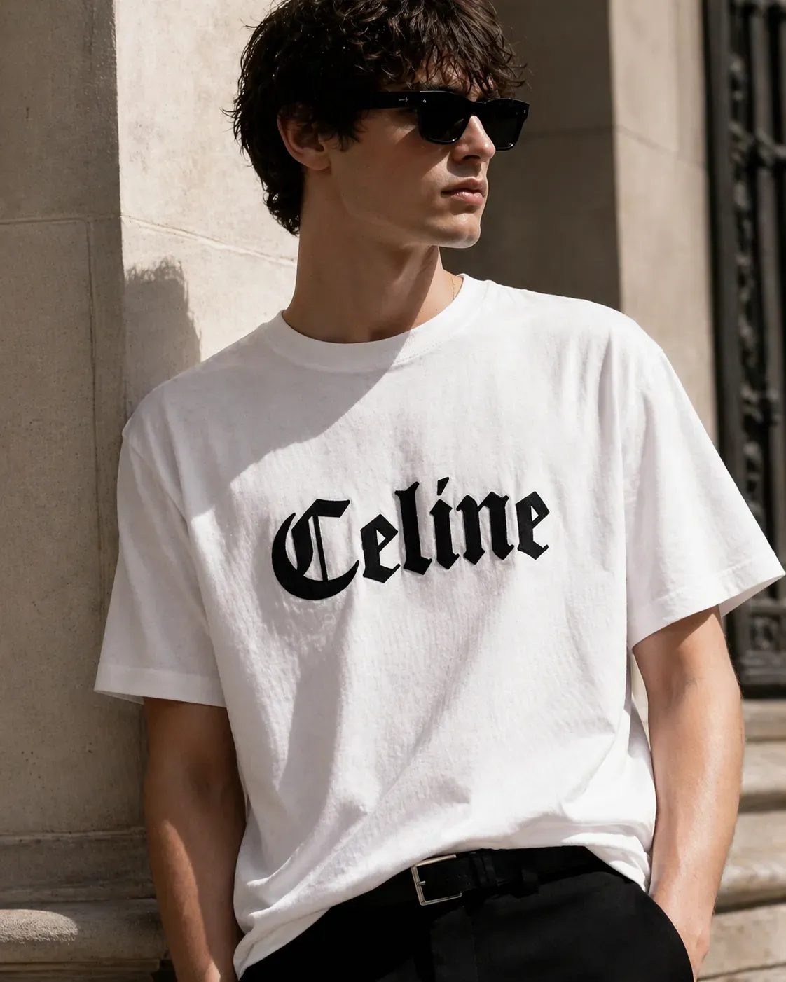 celine gothic logo white t shirt men editorial outdoor model premium cotton streetwear luxury style