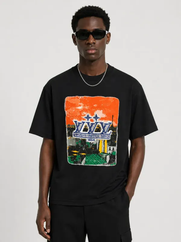 louis vuitton rhinestone black graphic t shirt men model front view oversized fit premium cotton streetwear style