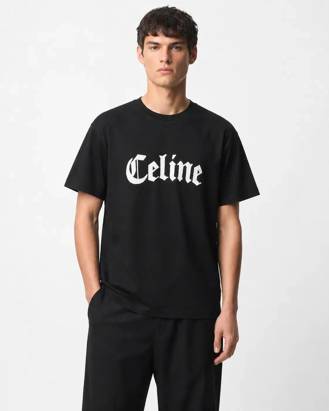 celine gothic logo black t shirt men model front view oversized fit premium cotton streetwear style