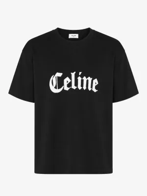 celine gothic logo black t shirt men front view oversized fit premium cotton clean studio design