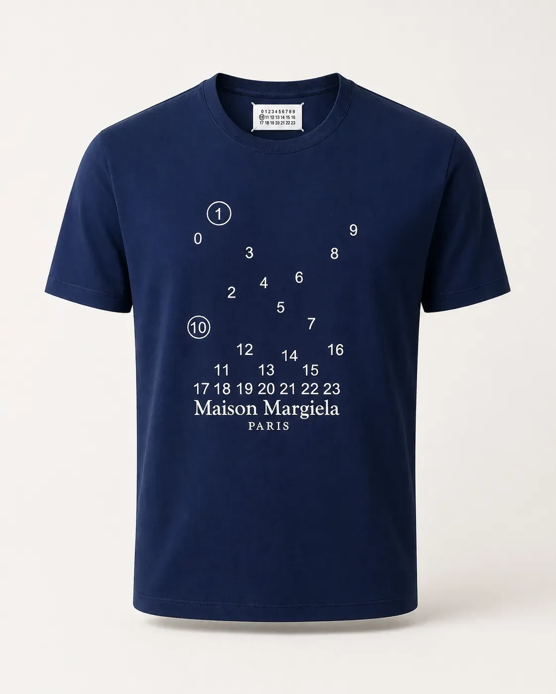 Maison Margiela navy blue embroidery t shirt men minimal logo front catalog studio shot