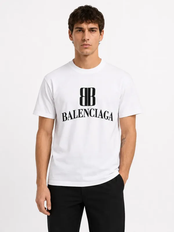 balenciaga white logo t shirt men's model front fit view cotton crew neck