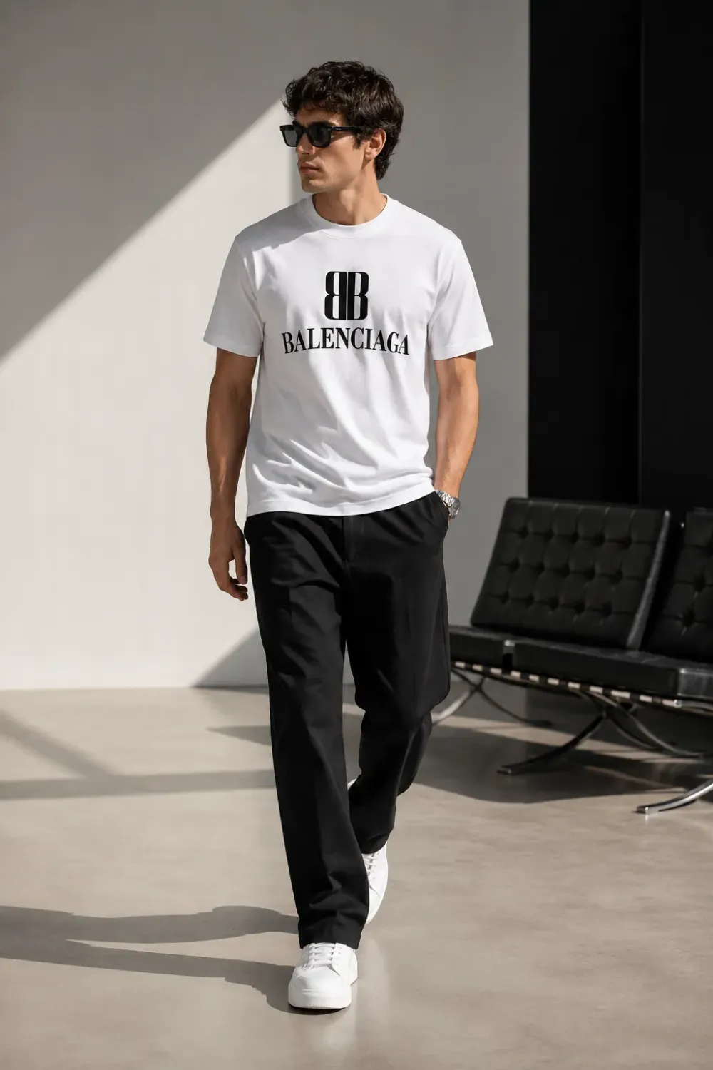 balenciaga white logo t shirt men's walking lifestyle studio fashion look