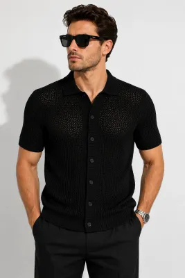prada black knitted polo shirt men's model front fit view open knit polo