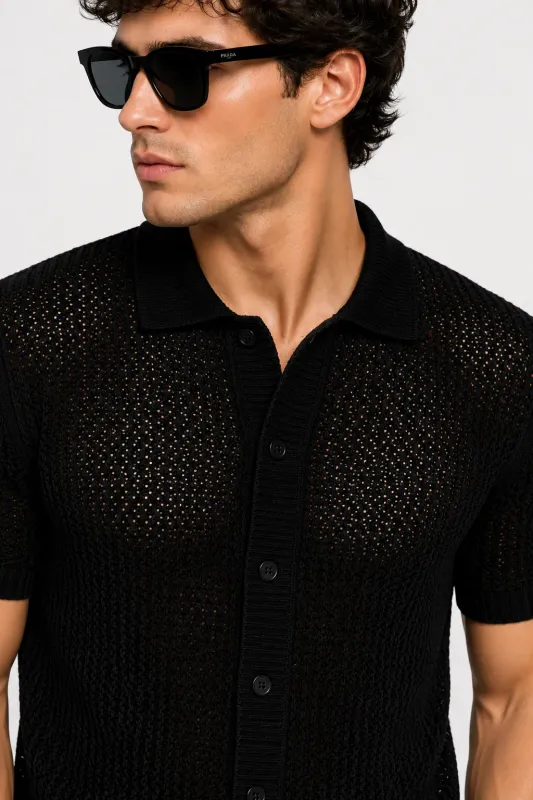 prada black knitted polo shirt men's editorial chest crop open knit detail