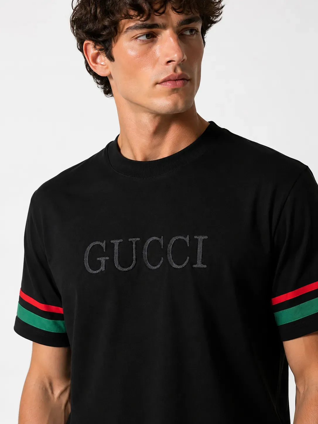gucci black logo t shirt men's editorial chest crop embroidered logo detail