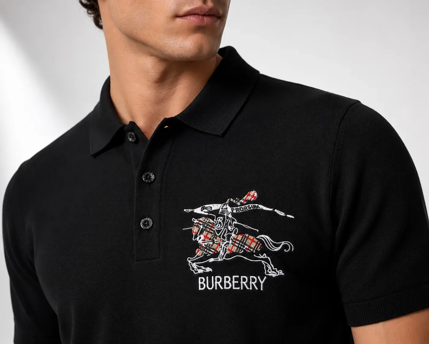 burberry black knitted polo shirt men's editorial chest crop embroidered knight logo