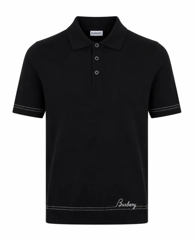 burberry black knitted polo shirt men's front view contrast stitch detail