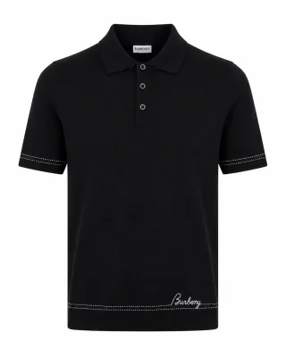 burberry black knitted polo shirt men's front view contrast stitch detail