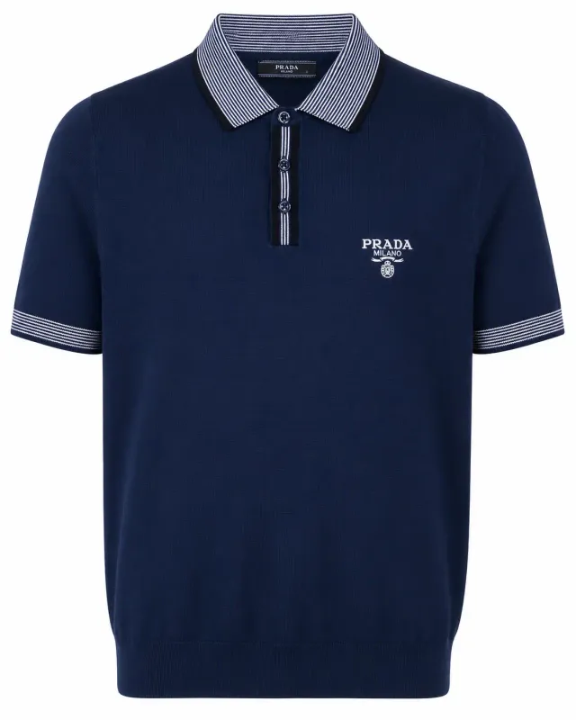 prada knitted polo shirt men front view navy blue embroidered logo