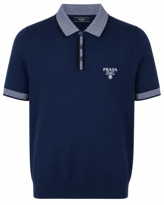 prada knitted polo shirt men front view navy blue embroidered logo
