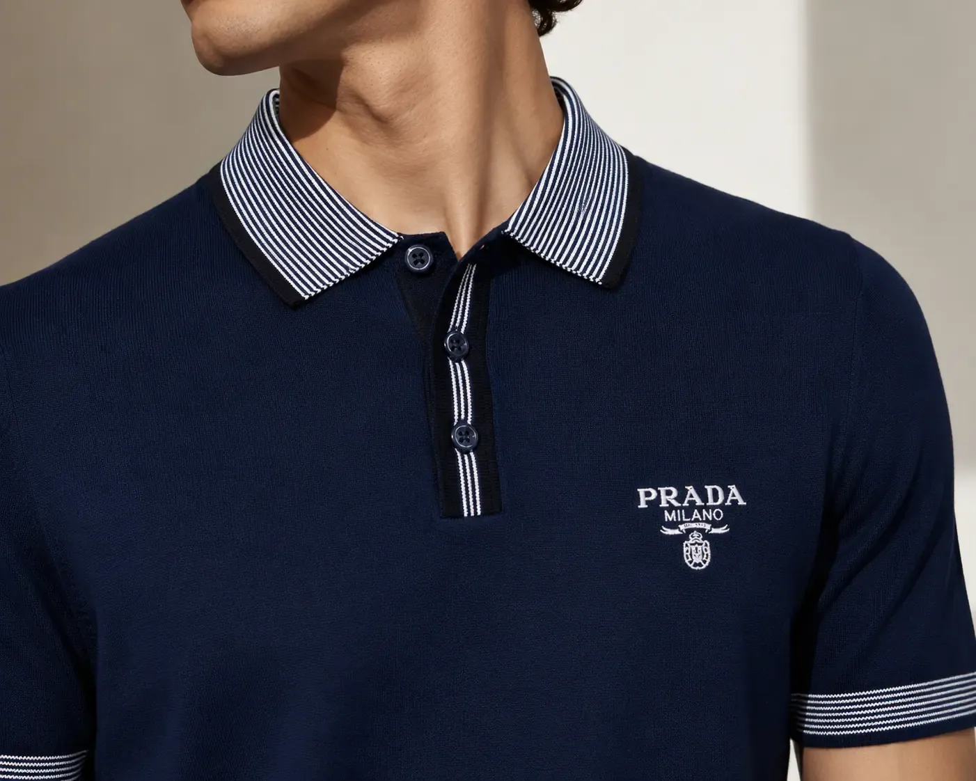 prada knitted polo shirt men editorial chest crop navy blue knit