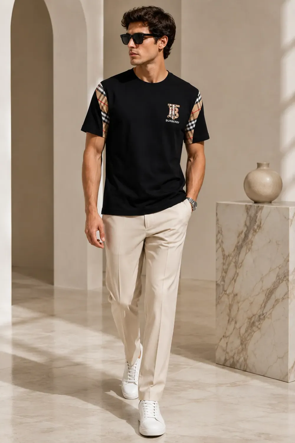 burberry black logo t shirt men's luxury studio lifestyle check sleeve