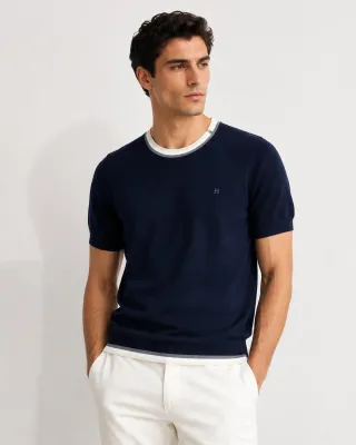 hermes navy blue knit t shirt men model front fit embroidered h logo