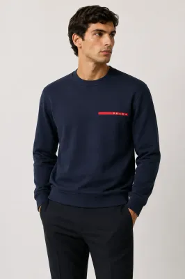 prada navy blue sweatshirt men model front fit red logo detail
