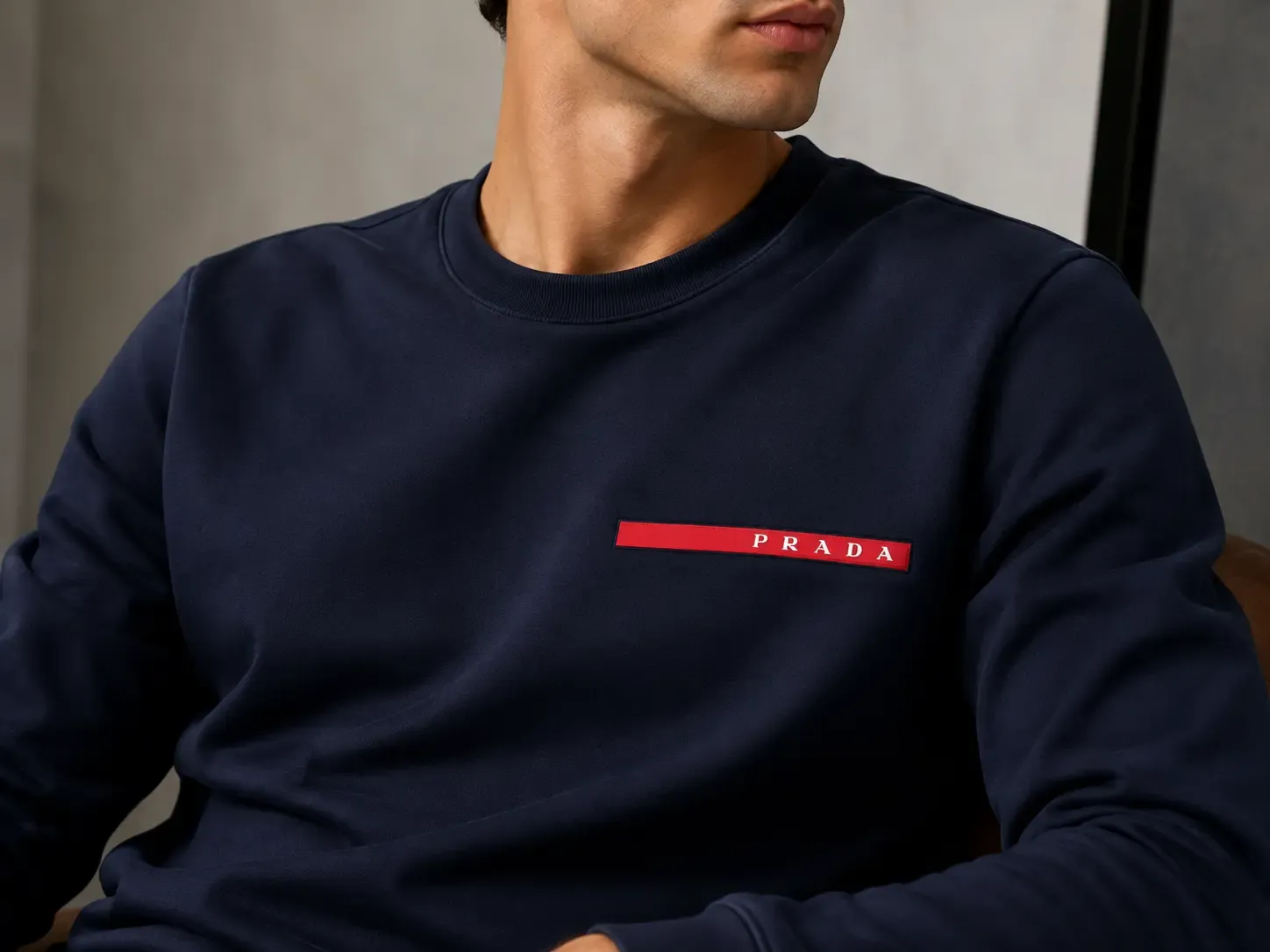 prada navy blue sweatshirt men editorial chest crop red logo detail