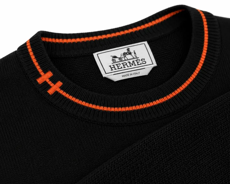 hermes black knit sweater men orange trim collar knit texture close up