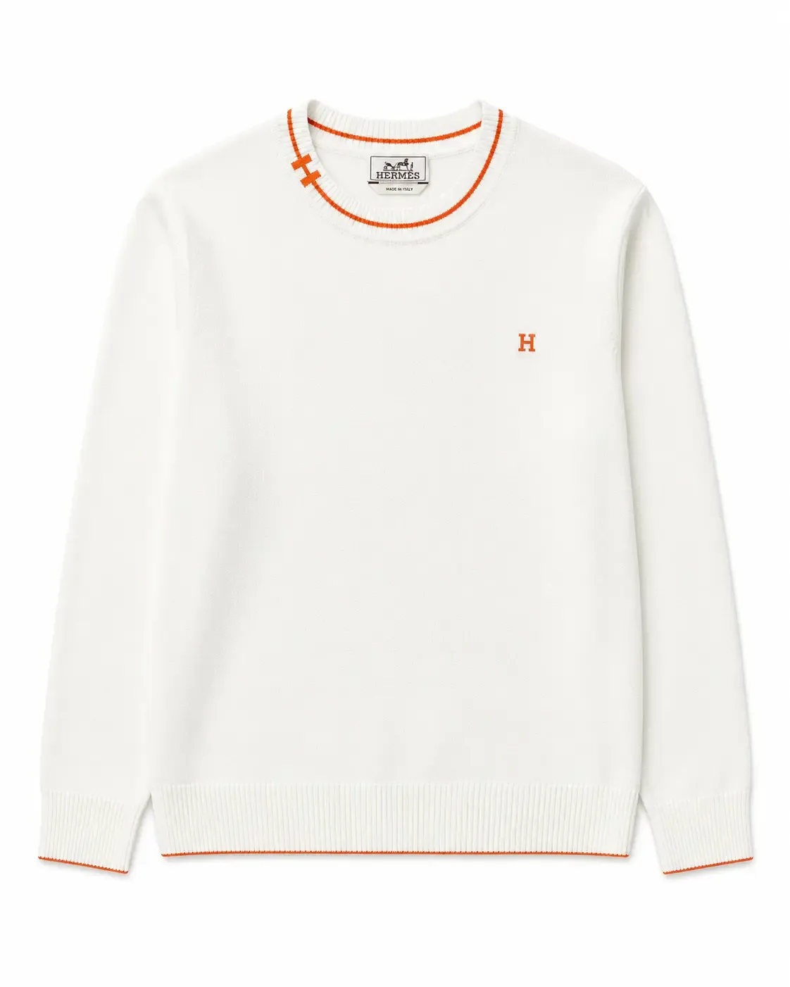 hermes white knit sweater men front view orange embroidered h logo