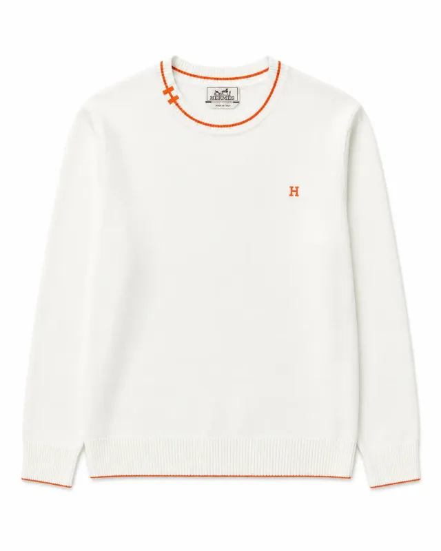 hermes white knit sweater men front view orange embroidered h logo