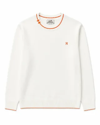 hermes white knit sweater men front view orange embroidered h logo