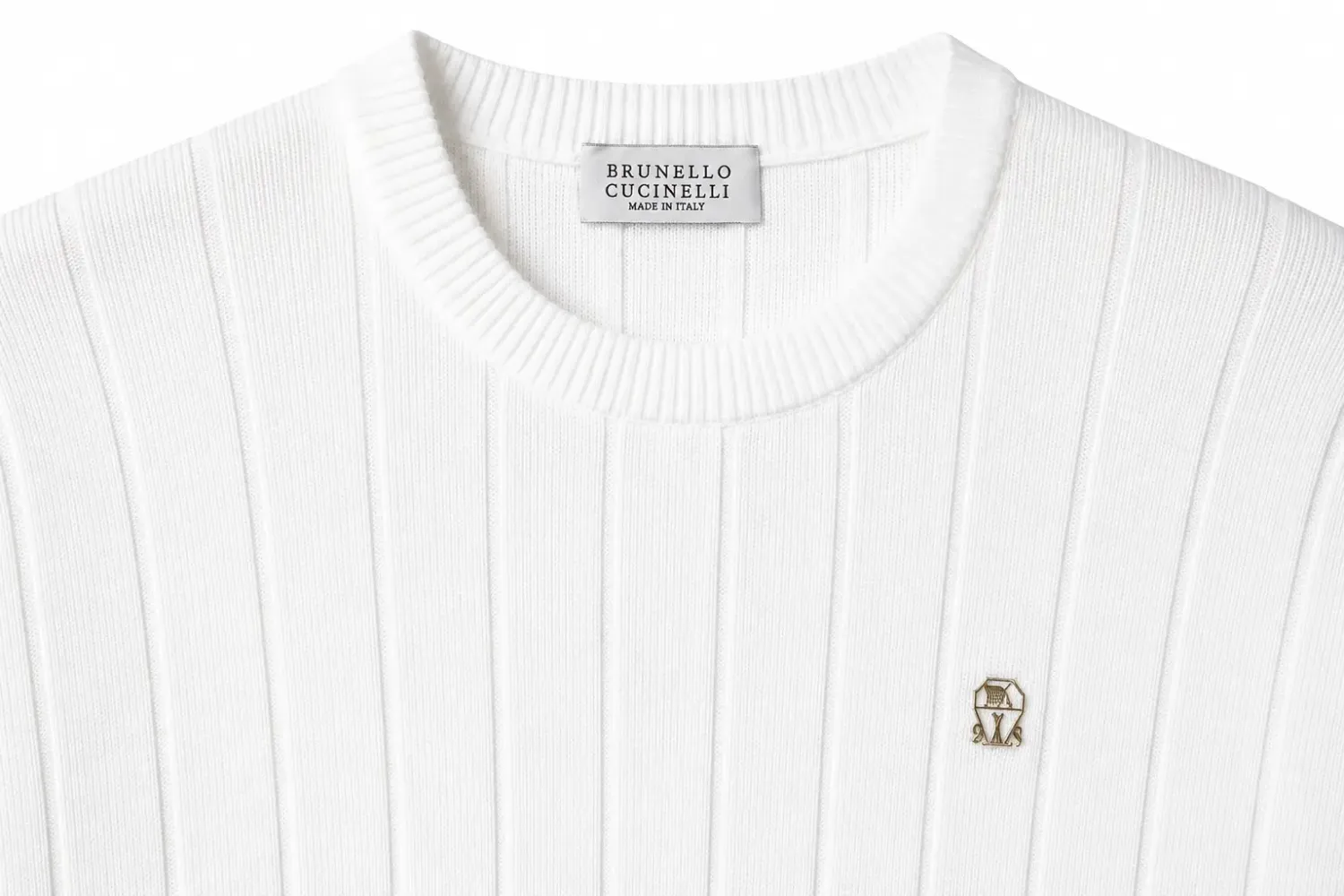 brunello cucinelli white knit sweater men ribbed texture with metallic chest emblem