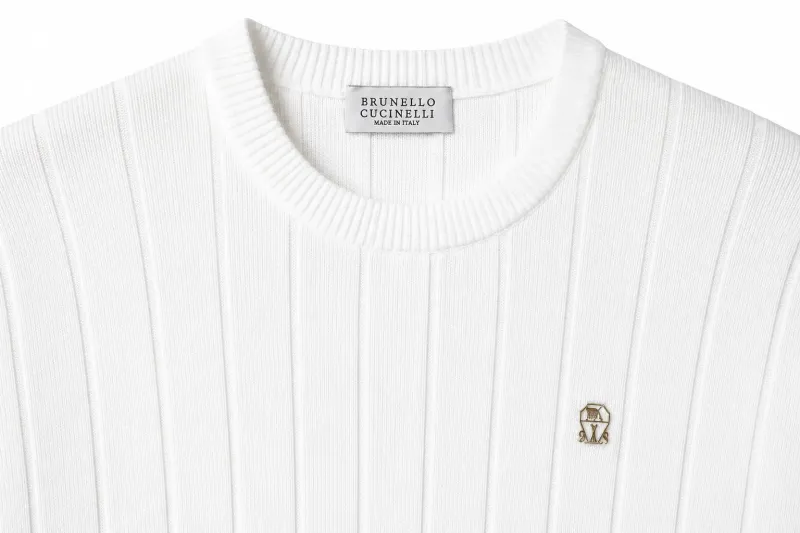brunello cucinelli white knit sweater men ribbed texture with metallic chest emblem