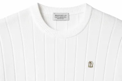 brunello cucinelli white knit sweater men ribbed texture with metallic chest emblem