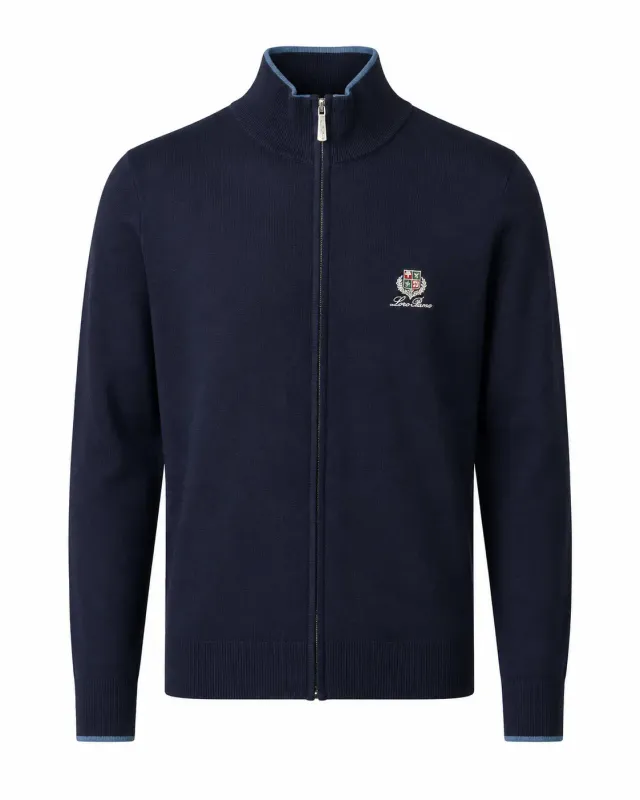 loro piana navy blue full zip sweater men front view with embroidered crest logo