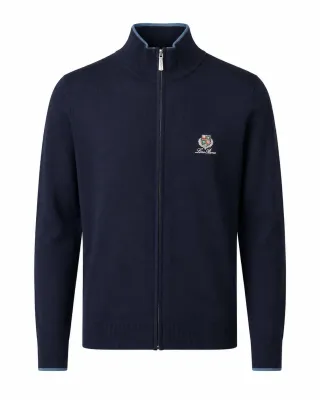 loro piana navy blue full zip sweater men front view with embroidered crest logo
