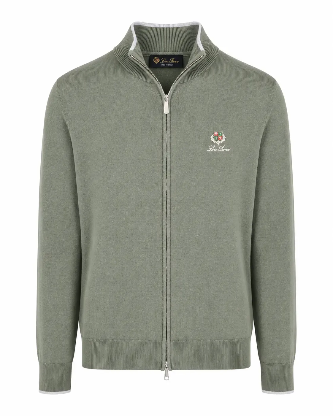 loro piana green full zip sweater men front view with embroidered crest logo