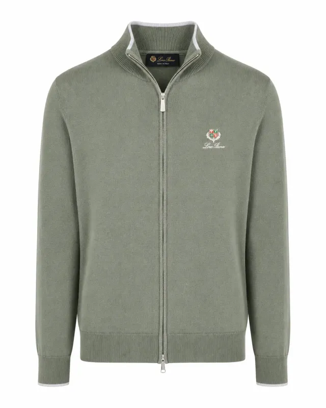 loro piana green full zip sweater men front view with embroidered crest logo