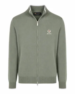 loro piana green full zip sweater men front view with embroidered crest logo
