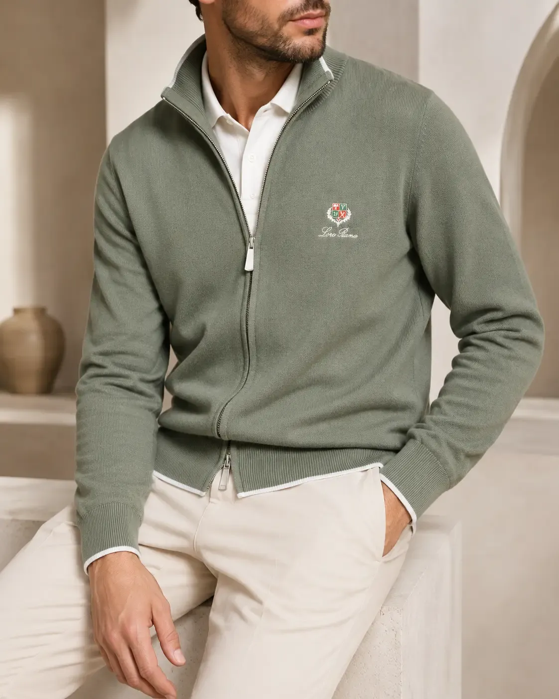loro piana green full zip sweater men seated model with embroidered crest logo