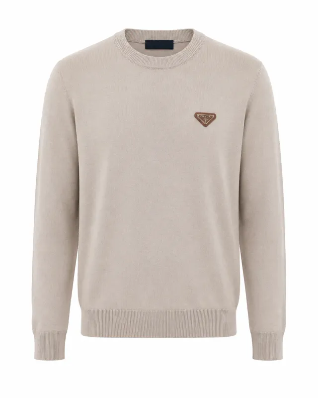 prada light beige knit sweater men front view with signature triangle logo detail
