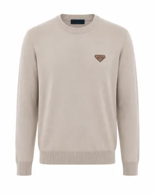 prada light beige knit sweater men front view with signature triangle logo detail