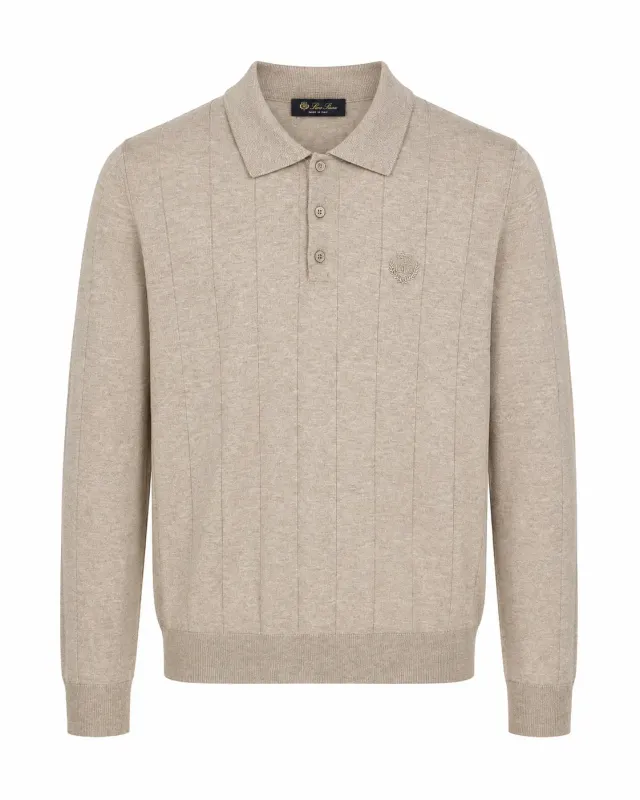 loro piana beige knit polo men front view with vertical ribbing and embroidered crest