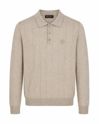 loro piana beige knit polo men front view with vertical ribbing and embroidered crest