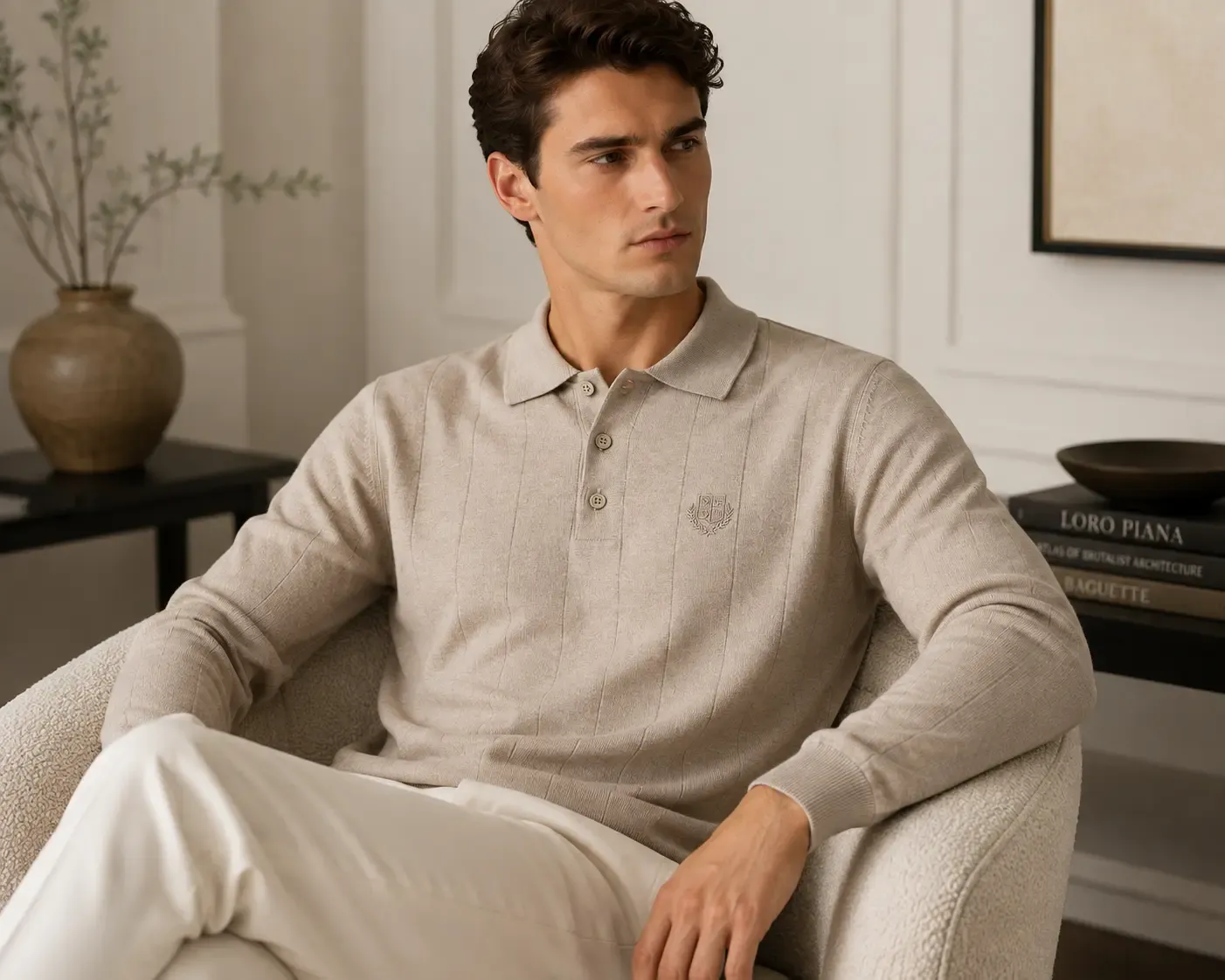 loro piana beige knit polo men seated model wearing tonal embroidered crest design